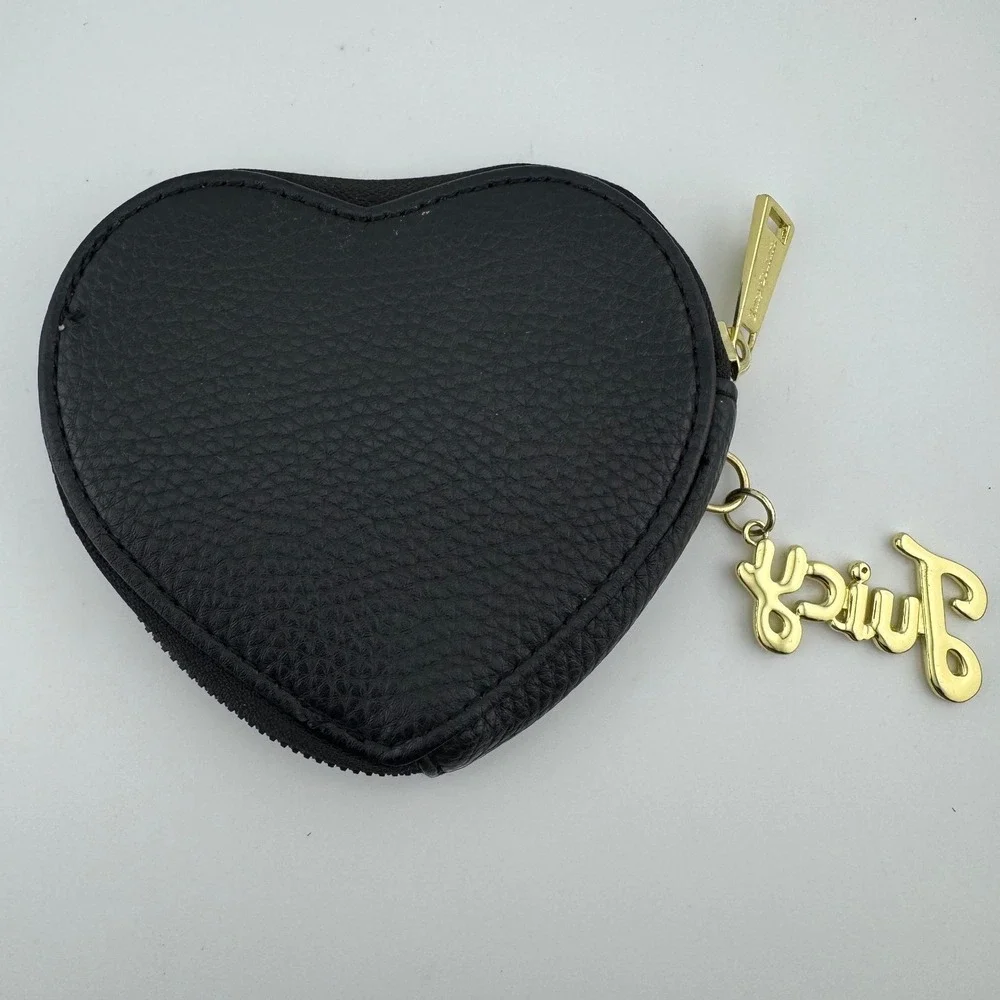 Juicy Couture Black Heart Coin‎ Purse Gold Logo Charm Pebbled Faux Leather Pouch